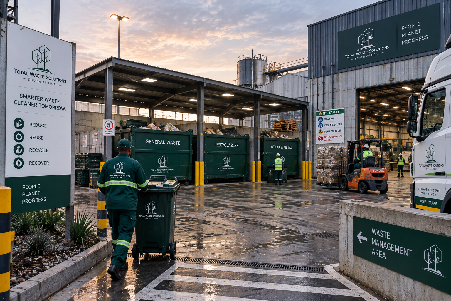 TWSSA on-site waste management area with separated general waste, recyclables and wood and metal streams