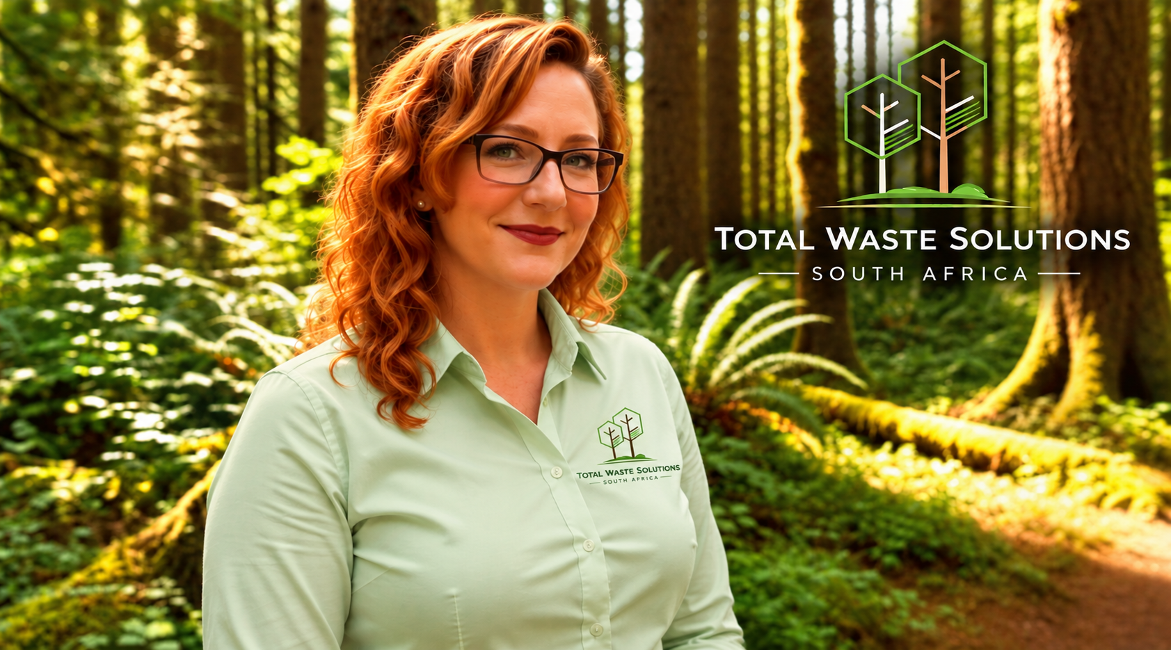 Natasha — TWSSA AI environmental intelligence specialist, in a forest with the Total Waste Solutions South Africa logo