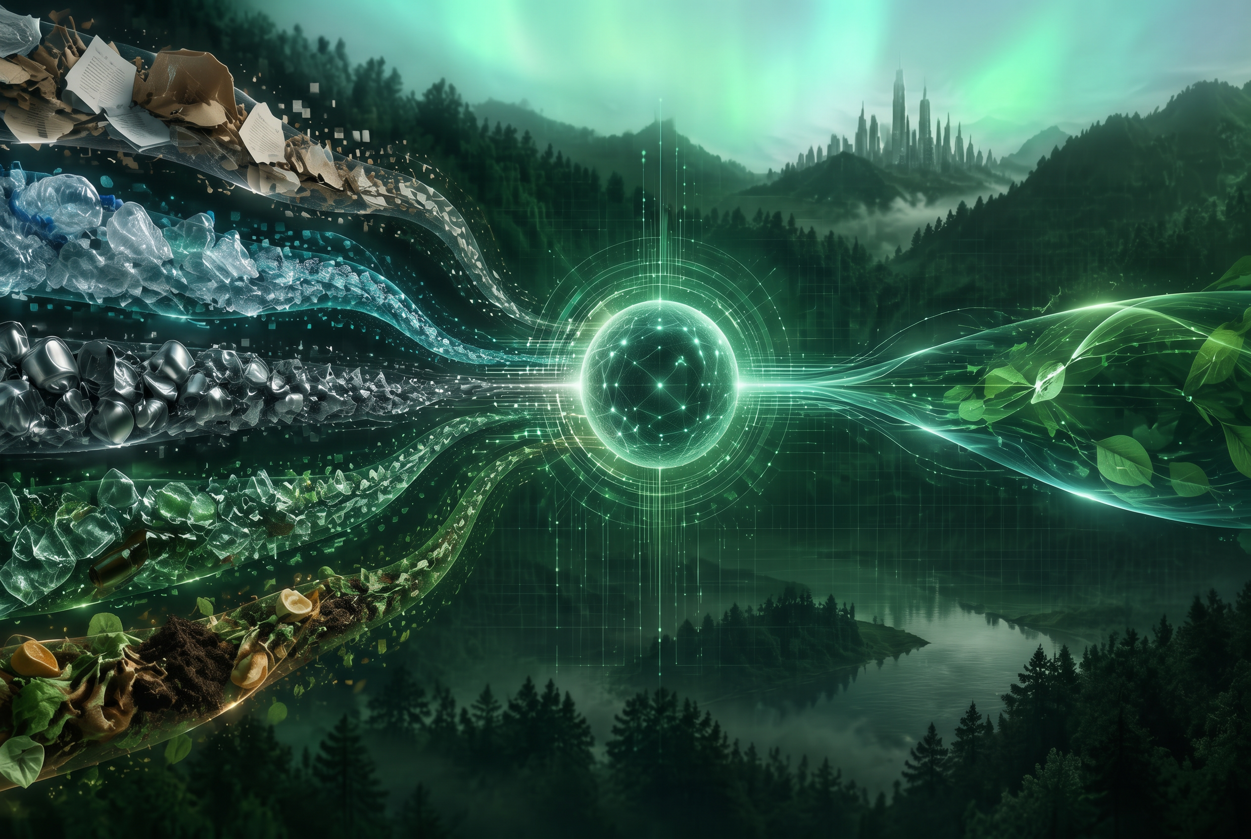 Waste streams of paper, plastic, metal, glass and organics flowing as glowing data ribbons into a central intelligent system core above a forest landscape